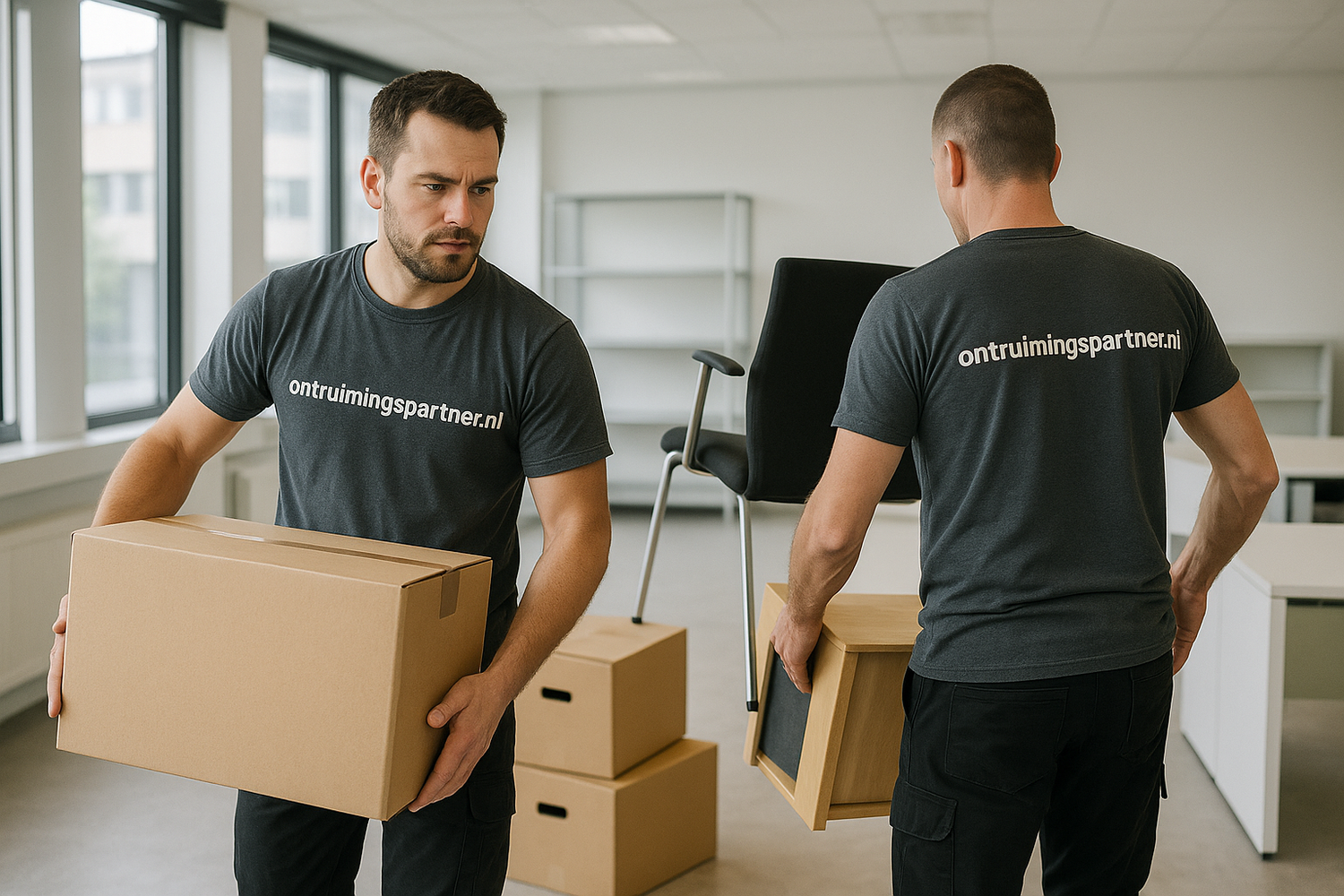 2 mannen die een bedrijfspand ontruimen met op hun t shirt ontruimingspartner.nl