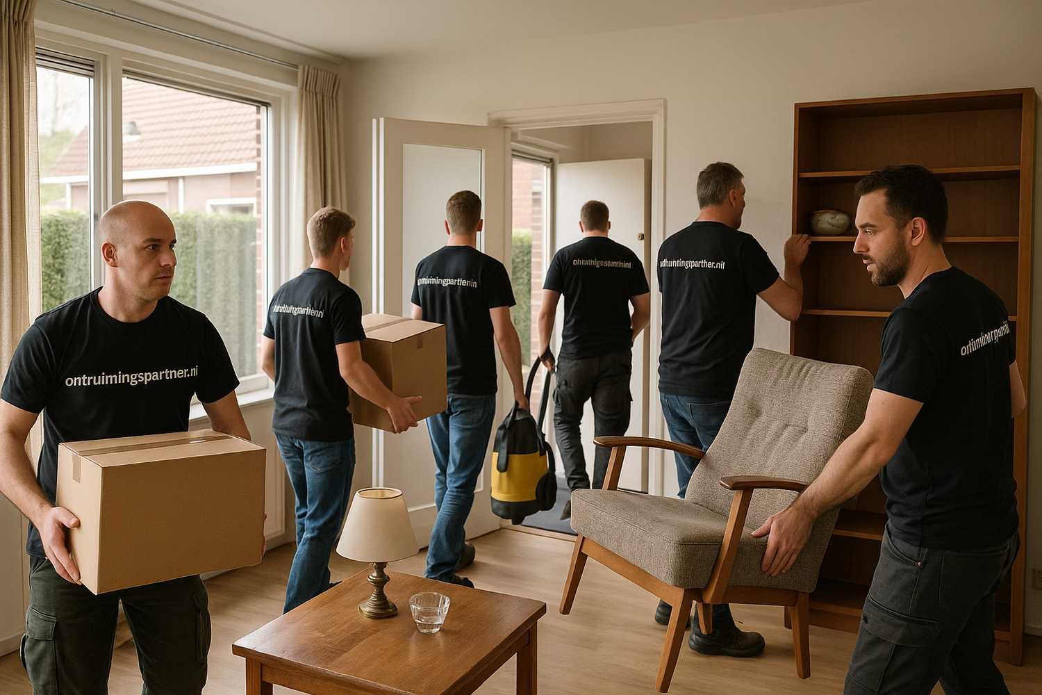 5 mannen die een woningontruimen met op hun t shirt ontruimingspartner.nl